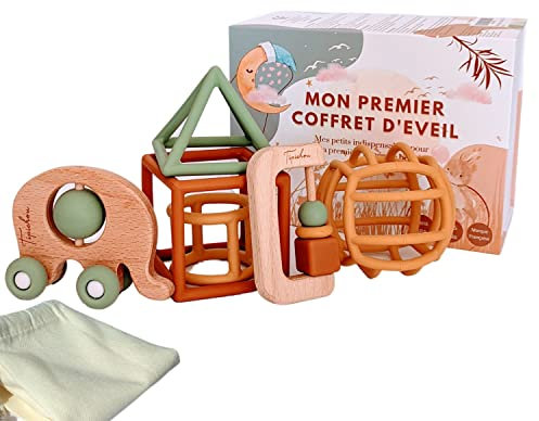 Jouets d'éveil bébé 1er âge - Coffret naissance mixte montessori garçon et fille - 5 Jeux d'activité et de développement sensoriel bois et silicone, Balle, Formes, Hochet, Roues, 3 Mois>3 Ans