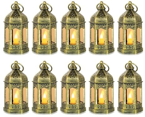 Romadedi Laterne Gold Hochzeit Tischdeko - 10er Set Mini Laterne zum Aufhängen, mit LED Kerzen für Party Deko, Weihnachten, Ramadan, Garten, Balkon, Outdoor, Orientalische