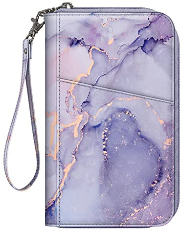 FINTIE Reisepass Tasche Familie Reiseorganizer, Wasserdicht Reisepasshülle Ausweistasche Dokumentee mit RFID Blockier für Damen und Herren (Lila Marmor)