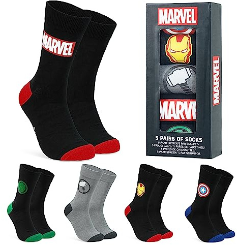 Marvel Calzini Uomo EU 40-45, Pacco da 5 Calze Uomo Supereroi, Morbido e Traspirante Calze Uomo, Idea Regalo Accogliente (40-45 EU, Nero/Grigio)