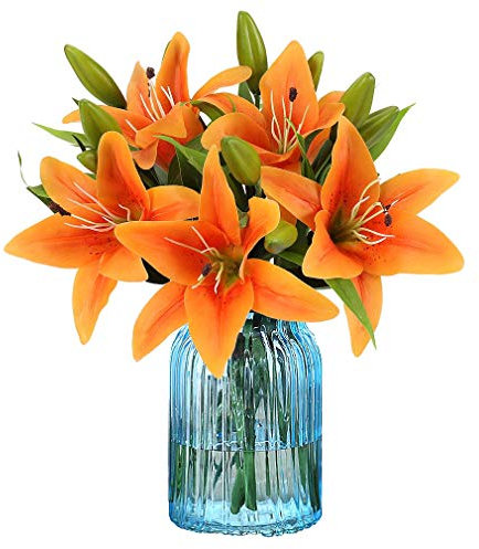 Künstliche Blumen 8 Stück künstliche Lilien mit 3 Knospen florale Kunst Pflanzen Latex volle Blume Real Touch für Home Decor Hochzeit Party Büro Restaurant (Orange)
