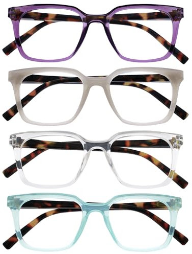 OPULIZE KOI Gafas de Lectura x4 - Marco Rectangular Ancho - Violeta/Gris/Transparente/Turquesa - Hombre/Mujer/ - Bisagras de Muelle - RRRR50-57CQ - +3.50
