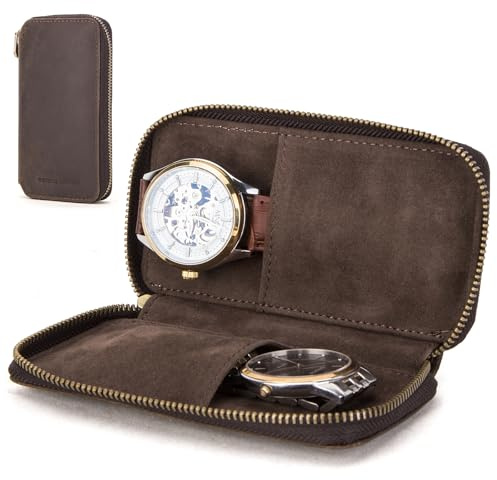 CONTACT'S FAMILY Etui de Rangement de Montre en Cuir, Portable Pochette de Protection pour Montres (Café, 2 Emplacements)
