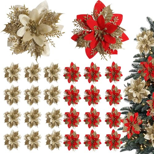 Cevikno 24 Pièces Glitter Fleurs de Poinsettia de Noël, Fleurs Artificielles Poinsettia Fleur de Noël pour Sapin avec Clip pour Arbre de Noël de Fête Couronne Noce Décorations