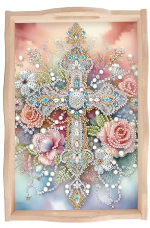JISHSHAY Diamond Art Serving Tray Diamond Painting Food Tray Gem Art Serving Platter Gem Painting Mosaic Kits for Adults DIY Kits for Adults, with Wood Handle 20×30cm/7.87×11.81in, Cross Flower