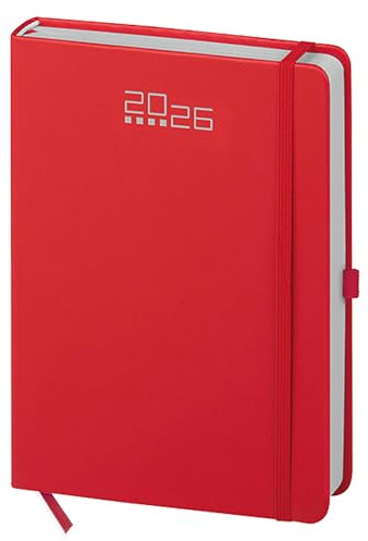 pubblimania Tageskalender 2026 mit Gummiband und Stifthalter, Organizer 15 x 21 cm für Termine Büro, Zuhause und professionelle Arbeit - Fester Einband (Rot mit Gummiband)