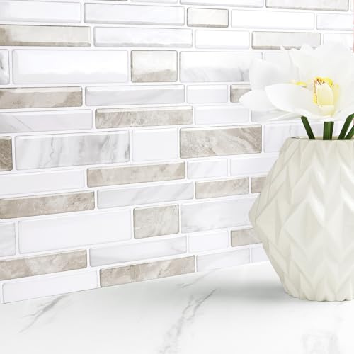 Livelynine Credence Cuisine Adhesive Aspect Pierre Blanc Marron Clair 3D Carrelage Adhesif Mural Salle de Bain Marbre Beige 30x30CM 32 Pièces Stickers Carrelage Cheminée Carreaux Adhesif Salle de Bain