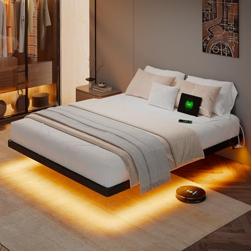 GalnFu Full Size Floating Bed Frame with LED Lights and Charging Station, Metal Platform Bed Frame with Heavy Duty Steel Slats Support, Noise-Free, No Box Spring Needed, Easy Assembly