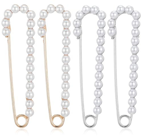 Nogeqi 4 Stück Broschennadeln Groß, Sicherheitsnadel Perlen, Schleppennadel Brautkleid, Sicherheitsnadeln Perlen Brosche Damen, Safety Pin Necklace Für Kleidung Mädchen Weihnachten