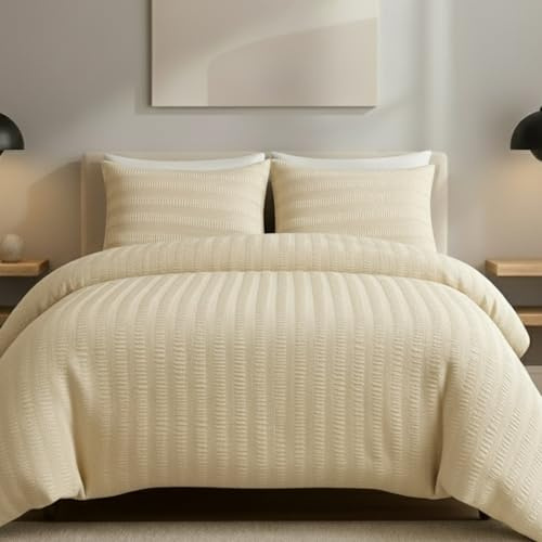 AHS - Double Cream Seersucker Duvet Set Cover With Pillow Case - Multiple Sizes - Complete Bedding Set - Ultra Soft Brushed Microfiber - EasyCare & Machine Washable