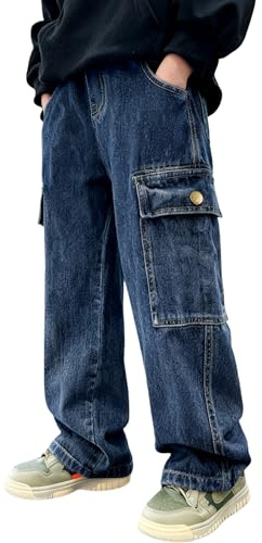 Rolanko Boys Baggy Jeans Elasticated Waist Cargo Bootleg Skater Jeans with Multipockets Vintage Streetwear Denim Pants for Kids, Denim Blue, 170, 13-15 Years