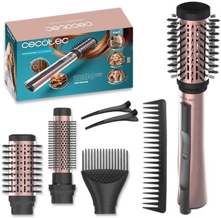 Cecotec Cepillo de Aire con 3 Cabezales CeramicCare 3in1 AirBrush Elite. 1200W, Función Iónica, Seca, Moldea y Da Volumen, Pantalla, Revestimiento Cerámica, Cepillos 50mm, 33mm y Cabezal Voluminizador