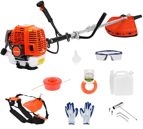 52cc 2-Temps, Coupe-Bordure à Essence avec Harnais Dorsal, 8500rpm/2.2KW, Tête de Coupe 28cm + Lame 3-Dents, Anti-Vibration (ABS+Métal) pour Jardin, Haies, Clôtures (Orange 2 en 1)