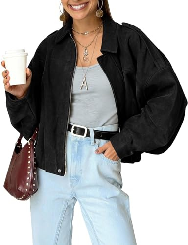 Kissonic Women's Oversized Jackets Faux Suede Bomber Jacket Lapel Pilot Cropped Casual Coat for Streetwear Outerwear(Black-M)