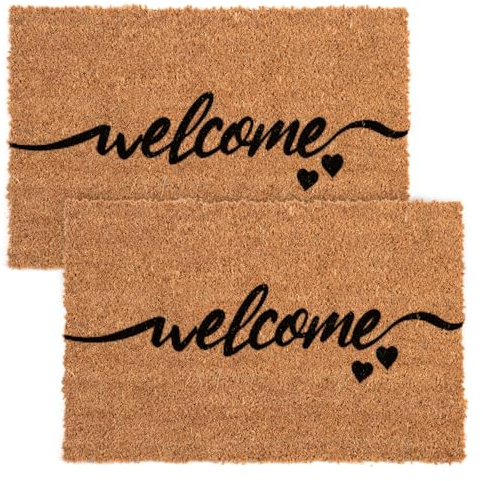 Flatro Coir Outdoor Door Mat | (Pack of 2) 60 X 40cm Coconut Coir Welcome Mat | Entrance Doormat with Non-Slip Rubber Backing for Trapping Dirt, Mud, & Moisture (Welcome)