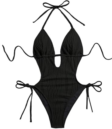 Verdusa Women's Textured Cut Out One Piece Swimsuit Tie Knot Halter Monokini Vacation Bathing Suit Black X-Large