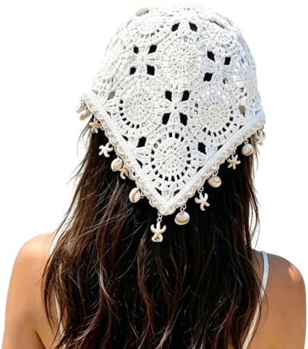 Foulard de tête pour femme, bandana triangulaire avec bordure en coquille et embrasse pour les excursions à la plage, écharpe de cheveux au crochet pour femme, écharpe de cheveux triangulaire