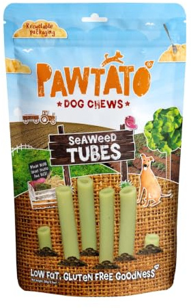 Pawtato Seaweed Tubes Vegan Dog Treats (1x 90g) | Plant-Based Chews with Sweet Potato & Rice | Rawhide-Free, Hypoallergenic, Low Fat Dog Snacks