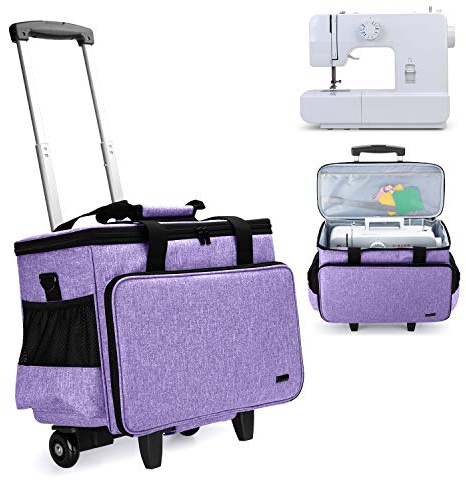 Yarwo Sewing Machine Trolley Bag on Wheels, Detachable Rolling Sewing Machine Bag with Bottom Support Board for Most Standard Sewing Machine and Accessories, Purple