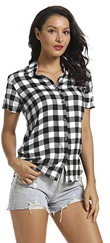 Aeslech Summer Tops for Women Short Sleeve Button Down Ladies Checked Shirt Plaid Blouse White Black Tag M