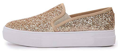 Feversole dammode slip-on tränare casual platta loafers, skate-pumps sneakers skor storlek 3,5-7, Skinande guld, 36.5 EU