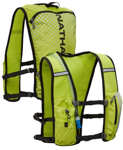 Nathan Hypernight QuickStart 2.0 Trinkrucksack mit 1,5 l Blase, reflektierend, um nachts gesehen zu Werden, Vordertaschen für Wasserflaschen, Feuchtigkeitstransport, Unisex