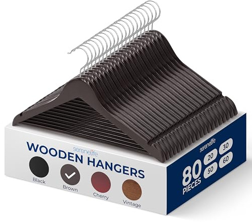 SereneLife Solid Wooden Hangers, Mega Pack, 80 Pieces Hangers for Clothes, Heavy Duty Suit Hanger Set with Chrome 360 Degree Swivel Hook, Notched Design, Brown