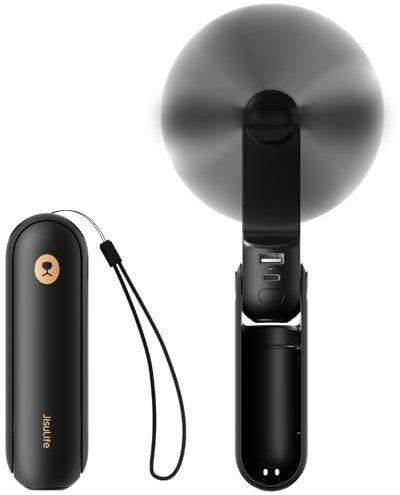 JISULIFE Handventilator, Mini Tragbarer Handventilator, Batteriebetrieben [14-21 Stunden], Wiederaufladbarer, Faltbarer USB-Lüfter, Leiser Persönlicher Ventilator mit Powerbank, Taschenlampe - Schwarz