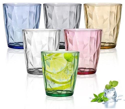 Vasos de Cristal Agua 300 ml, Set de 6 Grandes Vasos Agua de Plástico, Vasos de Cóctel, Vasos Zumo, Vasos Whisky de Acrílico con Apariencia de Cristal, Ideales para Agua, Zumo, Café Helado y Refrescos
