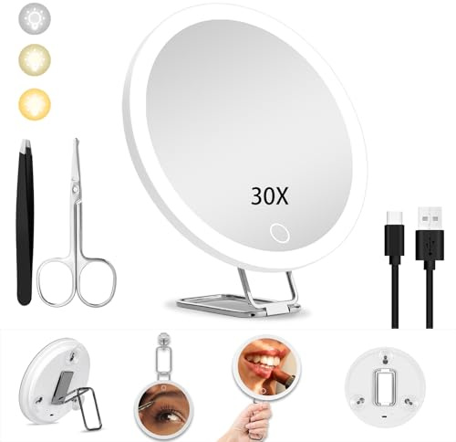 JJhxr 30X Magnifying Mirror with Light,6 Large Makeup Magnifying Mirror,3 colors Dimmable Makeup Mirror with 360° Table Stand,Portable, with 3 Suction Cups(White)