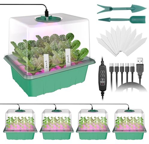 MQHUAYU anzuchtkasten mit licht mit vollem Spektrum, 5 Stück / 60 Zellen Intelligenter Timer zimmergewächshaus anzuchtkasten mit Luftfeuchtigkeitskuppel, Saatschalen für die Pflanzenzucht