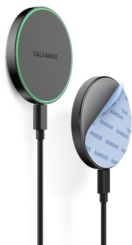 Galvanox Magnetisk trådlös laddare, kompatibel med MagSafe (15 W) iPhone snabbladdning, lågprofilplatta för vägg, hemmakontor, magnetbilfäste med avtagbar USB-C (självhäftande montering)