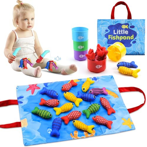 Aischens Juego de Pesca de Tela para Niños 1 Año, Juego Pescar Peces con 15 Peces Multicolores, 2 Cañas de Pescar con Sonidos, Juguete de Pesca Educativo Sensorial Montessori para Bebes 6-12 Meses
