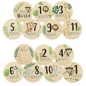 OHREN 7 Meilensteine Holz Meilensteinkarten Baby auf deutsch auf edlen Holzscheiben als Geschenk zur Geburt/zur Babyparty für Schwangere, werdende Mütter, werdende Eltern