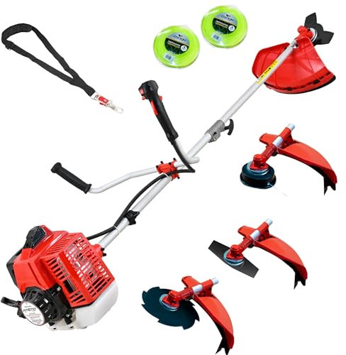 Synergy Desbrozadora Gasolina 4 en1-65cc 4,9cv-Motor 2 Tiempos, Disco de 3 Puntas, 1 de 2 Puntas, 1 de 8 Puntas, Cabezal de Hilo Automático, Arnés Profesional, Kit de Protección y 20m de Hilo