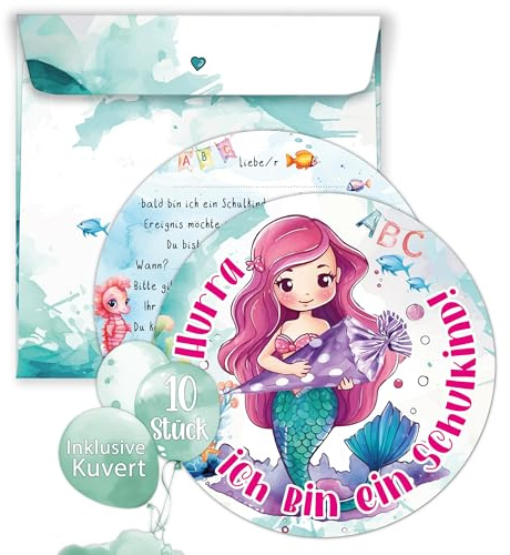TOBJA 10er Set Einschulung Einladungskarten - Inklusive bedruckte Umschläge | Süßes Meerjungfrau Design | Einladung Einschulung Mädchen
