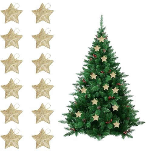 12 piezas de decoración para árbol de Navidad, adornos dorados con estrellas, pequeño adorno de árbol de Navidad con estrella brillante, decoración dorada de Navidad para árbol, colgante de plástico