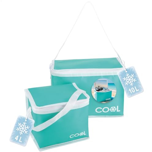 com-four® 2X Kühltasche 4 L / 10 L - Faltbare Thermo-Kühlbox - leichte Isoliertasche für Camping & Outdoor mit Schultergurt und Tragehenkel - Picknicktasche mit Reißverschluss (2-teilig - türkis)