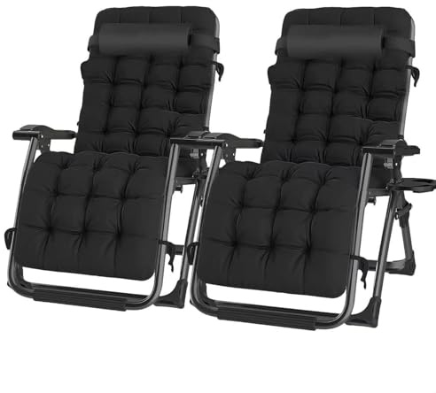 QMBLSNSQ Klappbarer Liegestuhl & Gartenliege klappbar, Sonnenliege mit Abnehmbaren Kissen, Getränkehalter, Relax Liegestuhl Wetterfest, Ohne Montage, Inkl. Staubbeutel, B 830 mm/Schwarz / 2er-Set