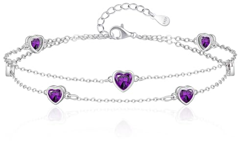 Tusuzik Regalo Mujer Pulsera originales Plata de Ley 925 Piedra Nacimiento Mujer Doble Capa Personalizado Corazón Joyas Regalo Cumpleaños Para Mamá Esposa Novia Amigas Chicas Adolescentes(Púrpura)