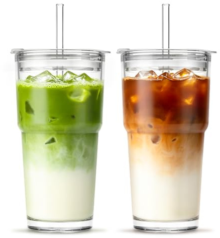INSETLAN 20oz Clear Glass Cup with Lid and Glass Straw, Set of 2 Thickened Glass Coffee Tumblers, Drinking Glasses with Straw for Smoothie, Tea, Milk, Whiskey, Water and More – Elegant & Durable