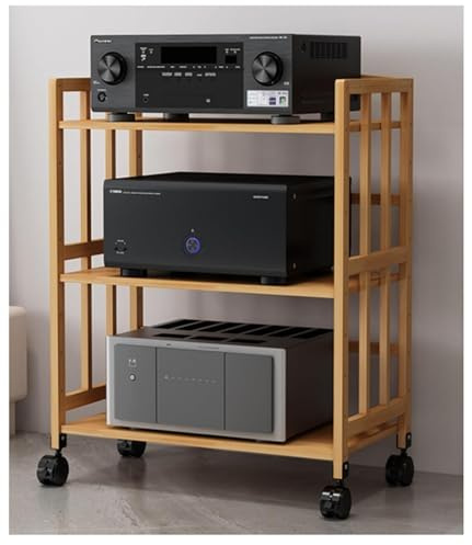Soporte de madera para reproductor de DVD de 3 niveles con soporte giratorio movible, torre de audio para TV y almacenamiento de medios estéreo, estantes esquineros de 88 cm de altura y 50 cm de