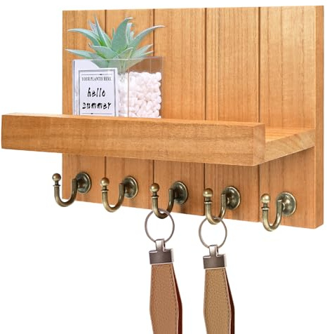 Kldgris Portachiavi da Parete, Portachiavi da Muro, Appendi Chiavi Ingresso, Portachiavi Multifunzione, in Legno, con 5 Ganci per Chiavi, per Ingresso, Cucina, Ufficio (Giallo)