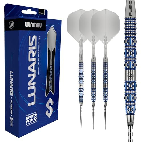 WINMAU Lunaris Darts – Profi-Darts 90 % Wolfram Dartpfeile | Blau & Silber Parallel-Barrels | Switch Point Technologie | 2 austauschbare Spitzen | Fusion Kurzschäfte & Flights | 22/23/24/25g Darts