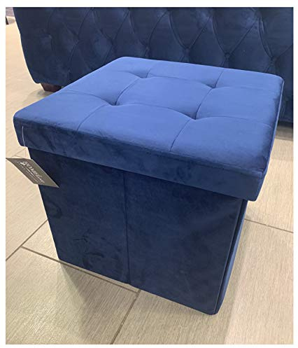 HOME LIVING Luxurious Foldable Brushed Velvet Square Storage Box Seat Ottoman (Navy Blue)