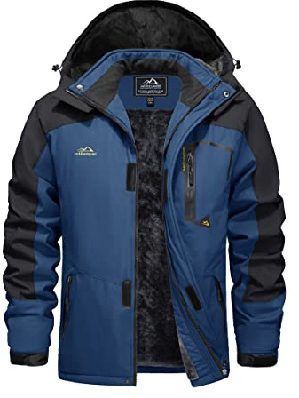 EKLENTSON Mens Waterproof Fleece Jacket Thermal Softshell Ski Snow Fishing Coat Windproof Warm Winter Hooded Denim Blue,L