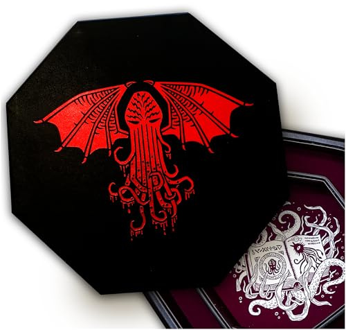 Fantasydice-Cthulhu Tome-RED- Dice Storage and Rolling Tray - 20CM Octagon with Lid and Dice Staging Area- Holds 5 Sets(7 Dice Set/Standard) for All Tabletop RPGs