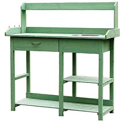 YYUN Tavolo da Giardino in Legno Banco da Lavoro per Piantare con Lavandino a Secco Rimovibile e Gancio, Set di Pale da Giardinaggio, Legno di Abete Naturale, 117 X 39 X 121 cm, Verde