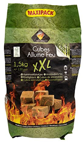 CHEMINETT 15749-6 XXL Cubos Naturales para encender Chimeneas, Estufas y Barbacoas Saco 1,5 Kilos +/-120pcs, Madera, Extra Grande