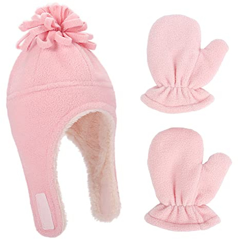 LACOFIA Bonnet en Molleton Chaud pour Bébé Fille Ensemble Chapeau et Moufle de Pilote d'hiver à Oreillettes pour Enfants Rose 1-3 Ans
